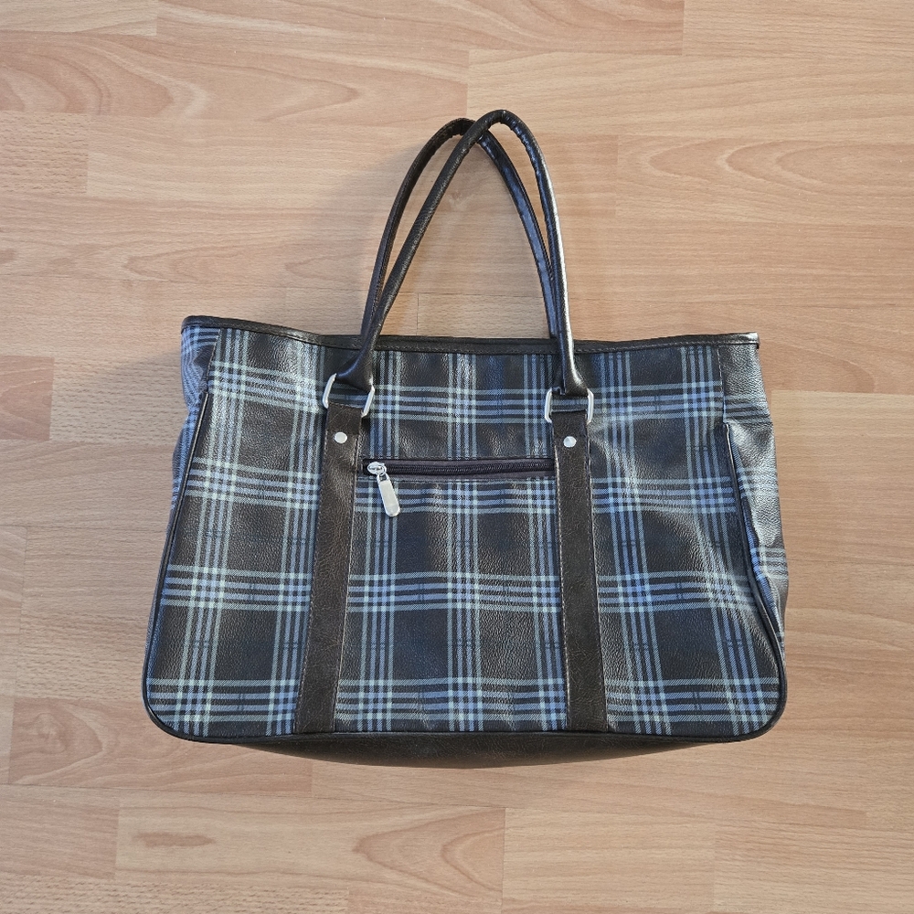 y2k Brown and Gray and blue Plaid rectangular Handbag tote